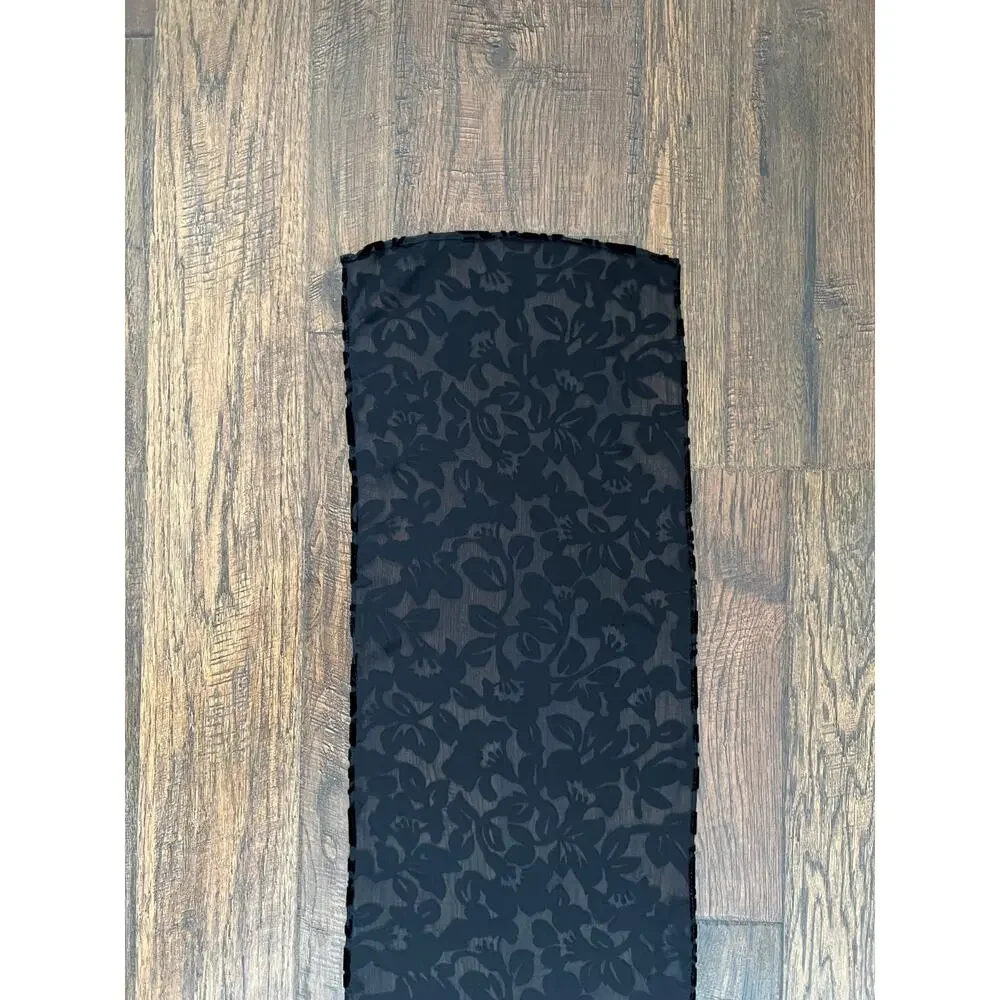 Vintage Accessory Burnout Velvet Oblong Scarf - Black Semi Sheer Floral Wrap